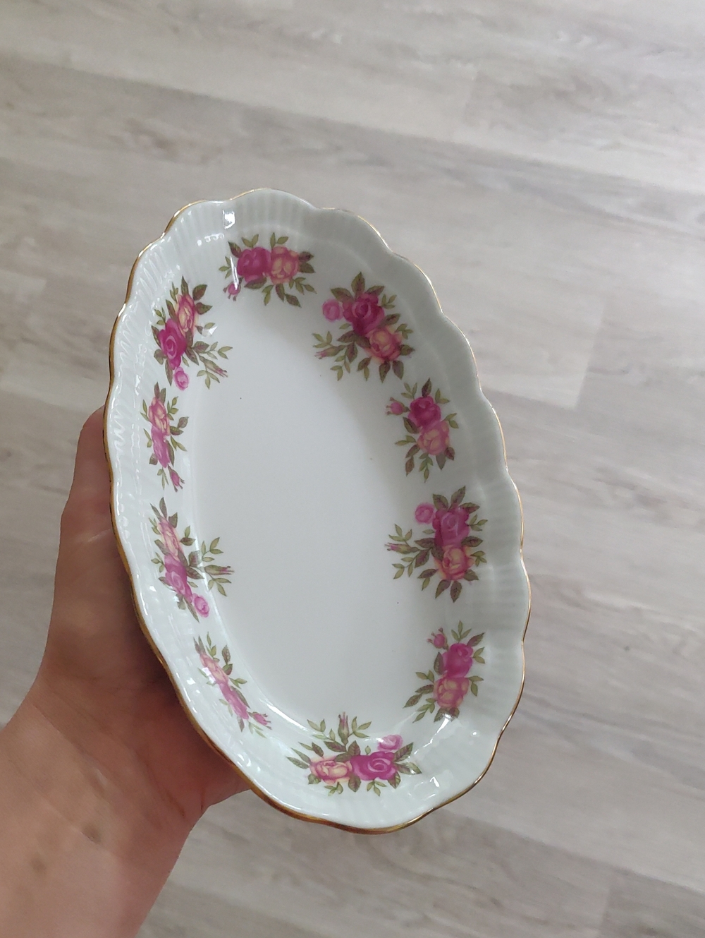 VintagWALBRZYCH Fine China Porcelain Serving Platter Pink Rose Pattern Gold Trim